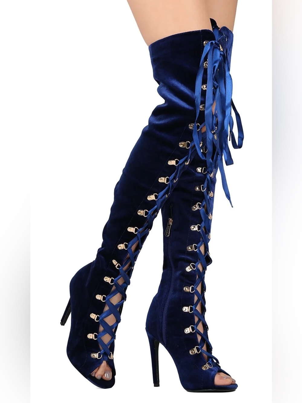 CAPE ROBBIN Olga Satin Lace Up Over The Knee Boots Thigh High Open Toe Blue 6
